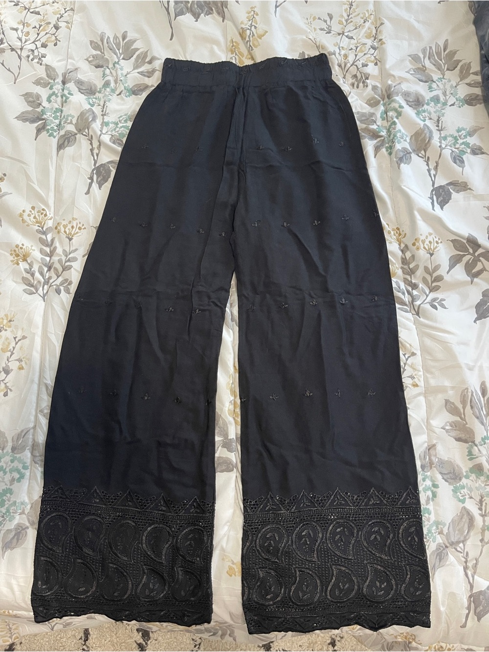 Black Wide Leg Pants with Embroidered Hem